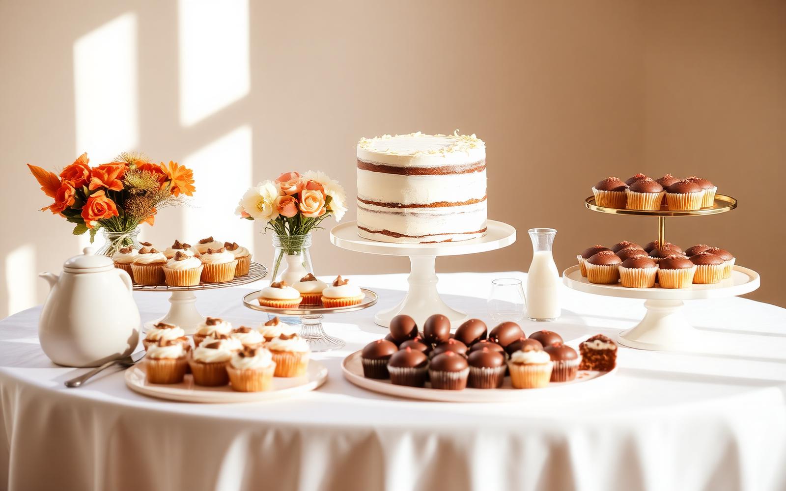 Mesa de festa com bolo, cupcakes e docinhos da Nah Vieira Confeitaria
