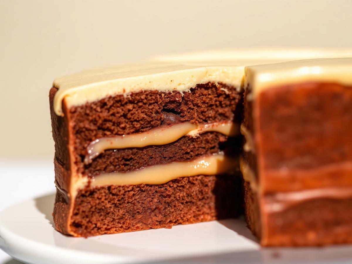 Corte de bolo de chocolate com recheio de doce de leite